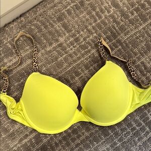 PINK Lime Green Push-Up Bra with Leopard Straps